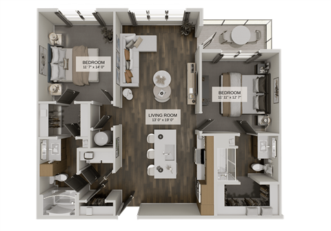 Floor plan for 2 beds, 2 baths, 1164 sqft