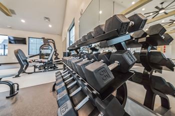 A gym with dumbbells and other exercise equipment