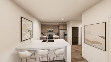 Longmont apartment for rent - A modern kitchen with white chairs and a dining table.