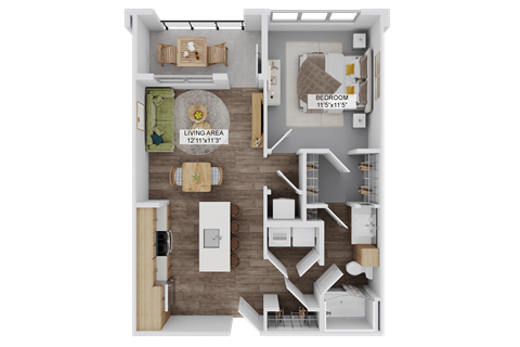 Floor plan for 1 bed, 1 bath, 722 sqft