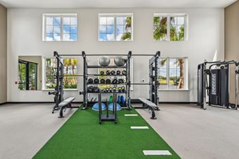 A gym with a green mat in the middle of the room.