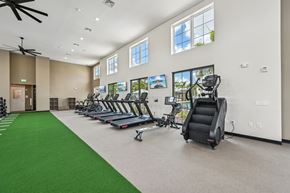North Port triplex for rent - A gym with treadmills, exercise bikes, and a green carpet at The Hadley - North Port, FL Apartments, North Port, FL, 34287