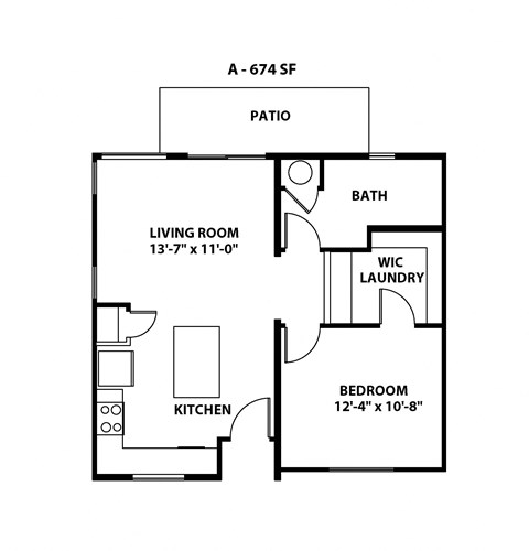 Floor plan for 1 bed, 1 bath, 661 sqft