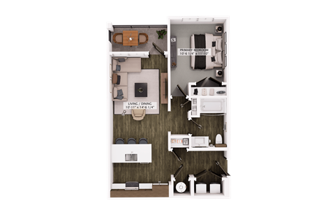 Floor plan for 1 bed, 1 bath, 689 sqft
