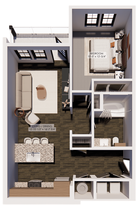 Floor plan for 1 bed, 1 bath, 689 sqft