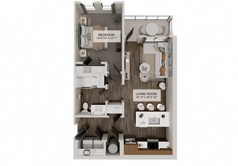 Floor plan for 1 bed, 1 bath, 689 sqft