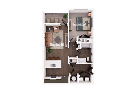 Floor plan for 1 bed, 1 bath, 689 sqft