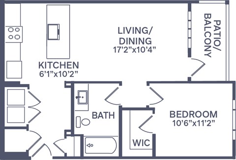 Floor plan for 1 bed, 1 bath, 689 sqft