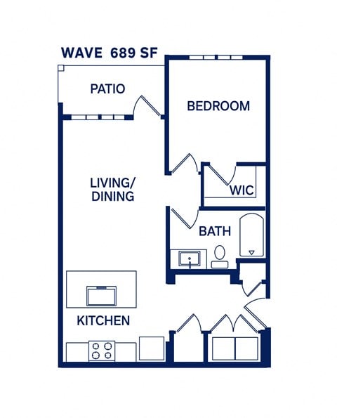 Floor plan for 1 bed, 1 bath, 689 sqft