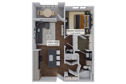 Floor plan for 1 bed, 1 bath, 727 sqft