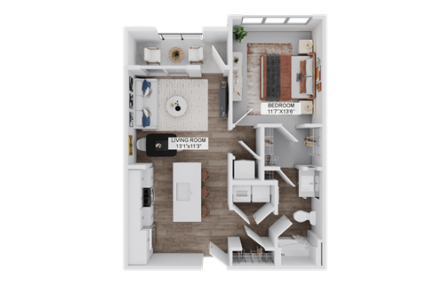 Floor plan for 1 bed, 1 bath, 769 sqft