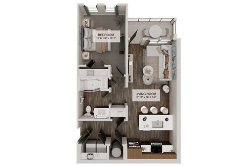 Floor plan for 1 bed, 1 bath, 701 sqft