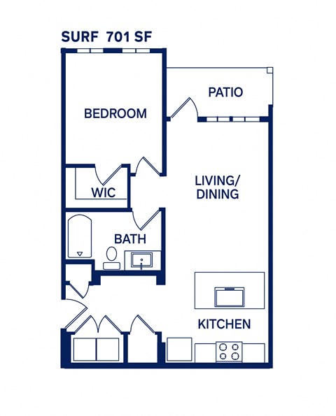 Floor plan for 1 bed, 1 bath, 701 sqft