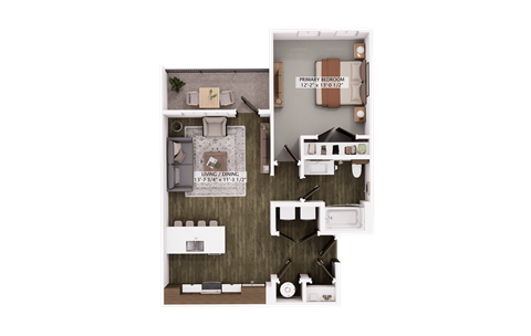 Floor plan for 1 bed, 1 bath, 761 sqft