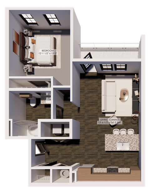 Floor plan for 1 bed, 1 bath, 761 sqft
