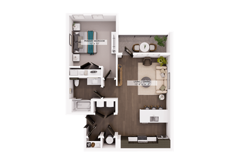 Floor plan for 1 bed, 1 bath, 761 sqft