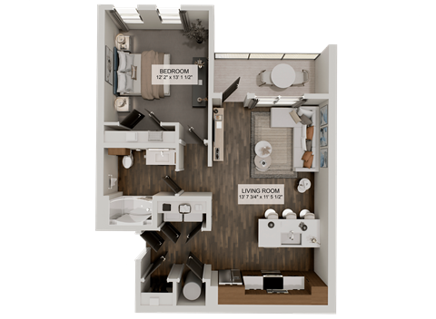 Floor plan for 1 bed, 1 bath, 761 sqft