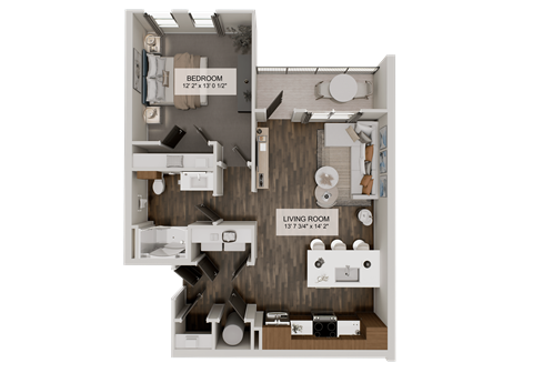 Floor plan for 1 bed, 1 bath, 761 sqft