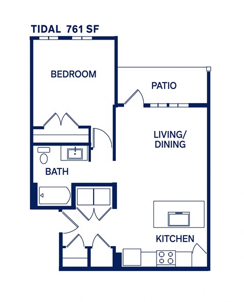 Floor plan for 1 bed, 1 bath, 761 sqft