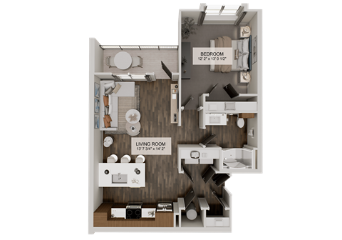 Floor plan for 1 bed, 1 bath, 769 sqft