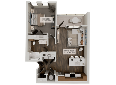 Floor plan for 1 bed, 1 bath, 769 sqft