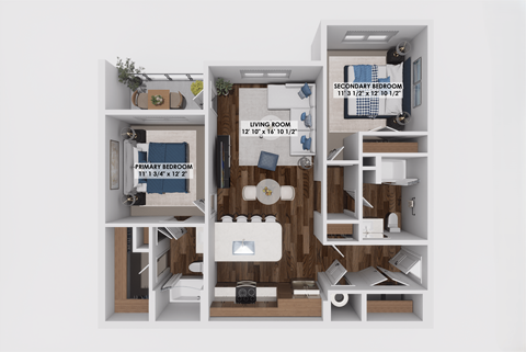 Floor plan for 2 beds, 2 baths, 1067 sqft