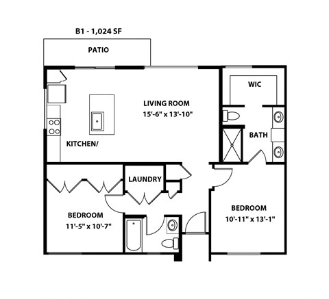 Floor plan for 2 beds, 2 baths, 1006 sqft