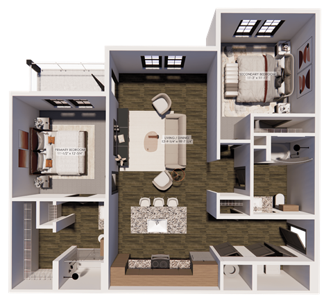 Floor plan for 2 beds, 2 baths, 1067 sqft