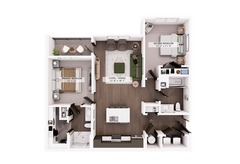 Floor plan for 2 beds, 2 baths, 1067 sqft
