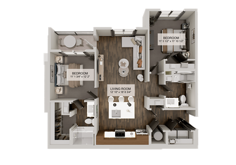 Floor plan for 2 beds, 2 baths, 1067 sqft