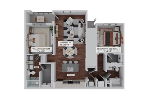 Floor plan for 2 beds, 2 baths, 1202 sqft