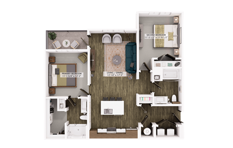 Floor plan for 2 beds, 2 baths, 1067 sqft