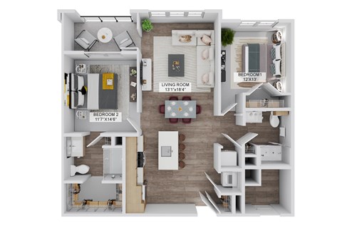 Floor plan for 2 beds, 2 baths, 1087 sqft