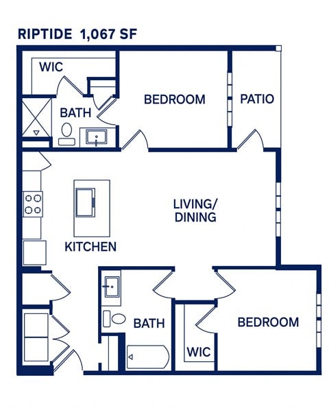 Floor plan for 2 beds, 2 baths, 1075 sqft