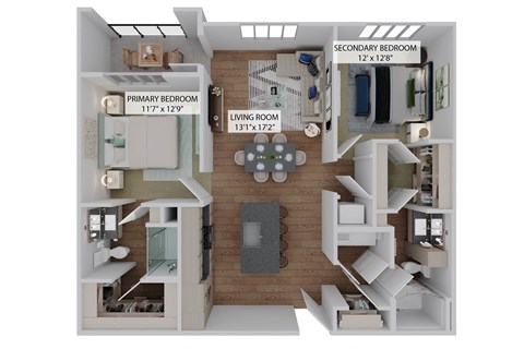 Floor plan for 2 beds, 2 baths, 1127 sqft