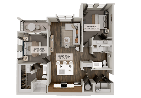 Floor plan for 2 beds, 2 baths, 1087 sqft