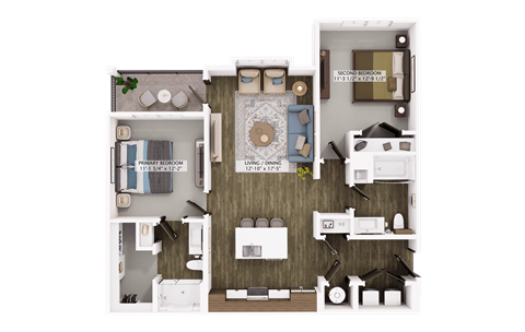 Floor plan for 2 beds, 2 baths, 1075 sqft