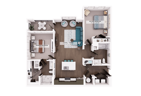 Floor plan for 2 beds, 2 baths, 1075 sqft