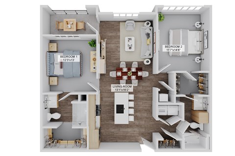Floor plan for 2 beds, 2 baths, 1127 sqft
