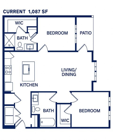 Floor plan for 2 beds, 2 baths, 1087 sqft