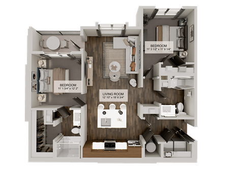 Floor plan for 2 beds, 2 baths, 1075 sqft