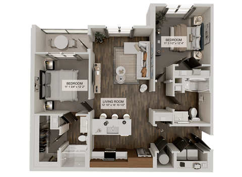 Floor plan for 2 beds, 2 baths, 1075 sqft