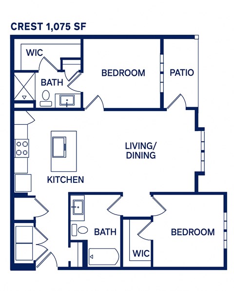 Floor plan for 2 beds, 2 baths, 1079 sqft