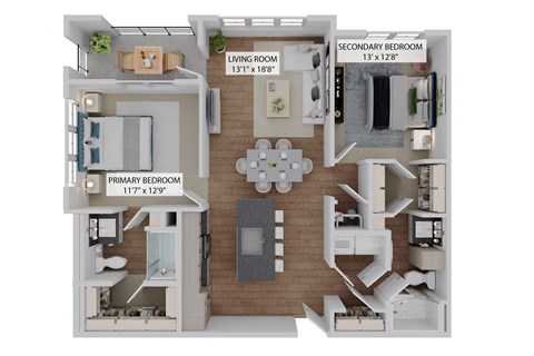 Floor plan for 2 beds, 2 baths, 1166 sqft