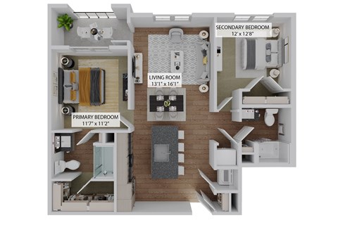 Floor plan for 2 beds, 2 baths, 1066 sqft