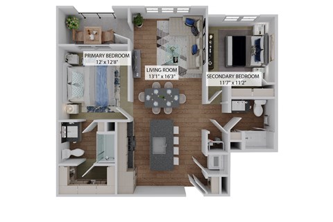 Floor plan for 2 beds, 2 baths, 1166 sqft