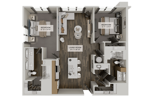 Floor plan for 2 beds, 2 baths, 1239 sqft