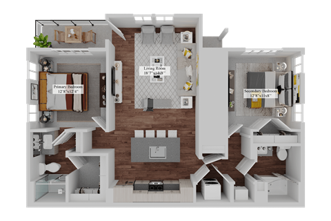 Floor plan for 2 beds, 2 baths, 1169 sqft