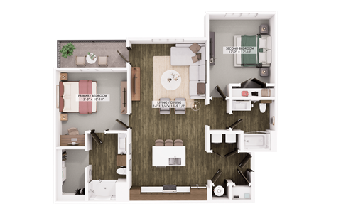 Floor plan for 2 beds, 2 baths, 1193 sqft
