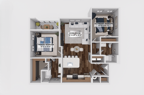 Floor plan for 2 beds, 2 baths, 1193 sqft